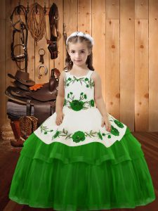 Lovely Floor Length Green Child Pageant Dress Organza Sleeveless Embroidery and Ruffled Layers