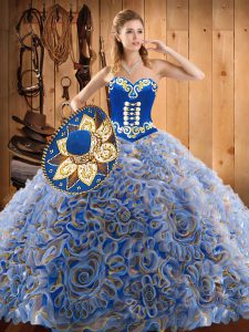 Admirable Multi-color Sleeveless Satin and Fabric With Rolling Flowers Sweep Train Lace Up Sweet 16 Dresses for Military Ball and Sweet 16 and Quinceanera