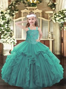 Turquoise Ball Gowns Tulle Straps Sleeveless Beading and Ruffles Floor Length Lace Up Little Girl Pageant Gowns