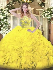 Gold Ball Gowns Halter Top Sleeveless Tulle Floor Length Zipper Beading and Ruffles 15th Birthday Dress