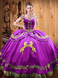 Eggplant Purple Off The Shoulder Lace Up Beading and Embroidery Ball Gown Prom Dress Sleeveless