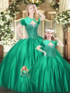 Green Organza Lace Up Sweetheart Sleeveless Floor Length 15 Quinceanera Dress Beading
