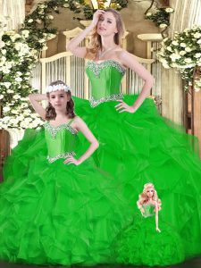 Colorful Floor Length Lace Up Quinceanera Gown Green for Military Ball and Sweet 16 and Quinceanera with Ruffles