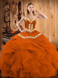 Gorgeous Sweetheart Sleeveless Satin and Organza Quince Ball Gowns Embroidery and Ruffles Lace Up
