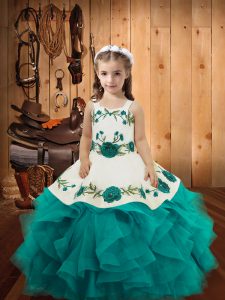 Top Selling Straps Sleeveless Little Girl Pageant Gowns Floor Length Embroidery and Ruffles Teal Tulle