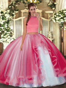 Simple Halter Top Sleeveless Vestidos de Quinceanera Floor Length Beading and Ruffles Coral Red Tulle