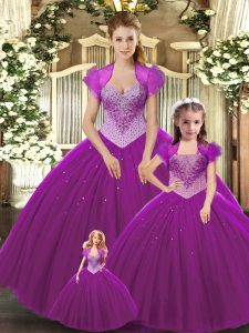 Fuchsia Tulle Lace Up Sweet 16 Quinceanera Dress Sleeveless Floor Length Beading