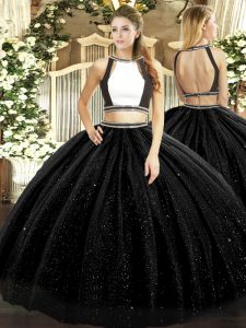 Designer Black Two Pieces Tulle Halter Top Sleeveless Ruching Floor Length Backless Quinceanera Dress