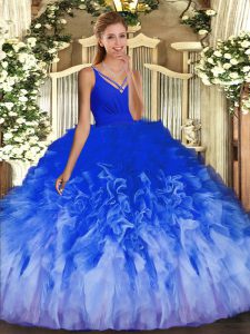 V-neck Sleeveless Tulle Ball Gown Prom Dress Beading and Ruffles Backless