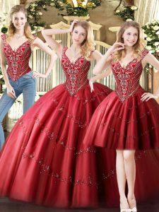 Custom Fit Floor Length Three Pieces Sleeveless Wine Red Quinceanera Gowns Lace Up