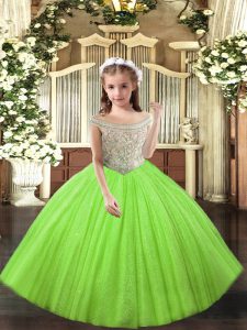 Elegant Off The Shoulder Sleeveless Little Girl Pageant Dress Floor Length Beading and Ruffles Yellow Green Tulle