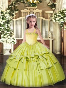Adorable Sleeveless Organza Floor Length Lace Up Custom Made Pageant Dress in Olive Green with Appliques and Ruffled Layers