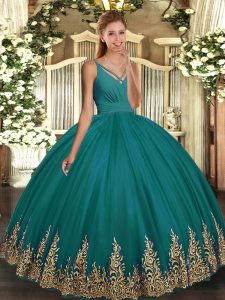 Luxury Floor Length Turquoise Sweet 16 Quinceanera Dress Tulle Sleeveless Appliques