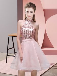 Pink A-line Halter Top Sleeveless Chiffon Mini Length Backless Sequins Damas Dress