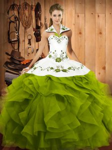 Admirable Floor Length Olive Green Sweet 16 Dress Tulle Sleeveless Embroidery and Ruffles
