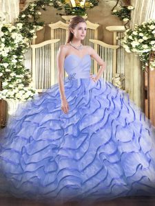 Sweetheart Sleeveless Organza Quince Ball Gowns Beading and Ruffled Layers Brush Train Lace Up