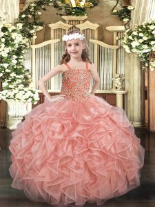 Best Floor Length Pink Little Girls Pageant Dress Organza Sleeveless Beading and Ruffles