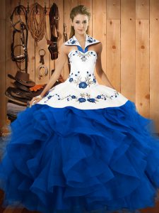 Blue Ball Gowns Tulle Halter Top Sleeveless Embroidery and Ruffles Floor Length Lace Up Sweet 16 Dress