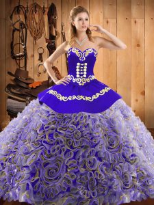 Great Multi-color Satin and Fabric With Rolling Flowers Lace Up Quinceanera Gown Sleeveless With Train Sweep Train Embroidery