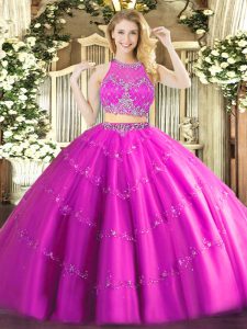 Ideal Fuchsia Vestidos de Quinceanera Military Ball and Sweet 16 and Quinceanera with Beading Scoop Sleeveless Zipper