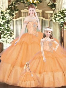 Orange Red Tulle Lace Up Off The Shoulder Sleeveless Floor Length Sweet 16 Dresses Beading