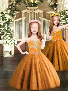 Low Price Orange Tulle Lace Up Spaghetti Straps Sleeveless Floor Length Kids Pageant Dress Beading