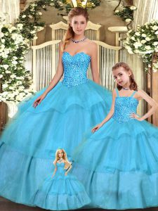 Hot Selling Sleeveless Lace Up Floor Length Beading and Ruffled Layers 15th Birthday Dress