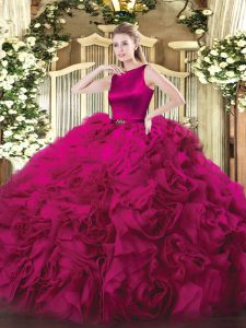 Fuchsia Sleeveless Fabric With Rolling Flowers Clasp Handle Quinceanera Gown for Military Ball and Sweet 16 and Quinceanera