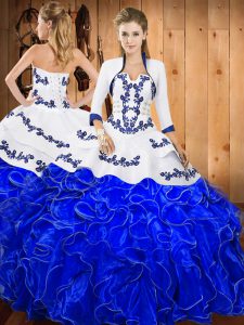 Most Popular Floor Length Lace Up 15 Quinceanera Dress Blue And White for Military Ball and Sweet 16 and Quinceanera with Embroidery and Ruffles