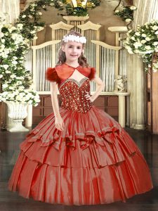 Stunning Floor Length Lace Up Pageant Gowns For Girls Coral Red for Party and Quinceanera with Beading and Ruffled Layers