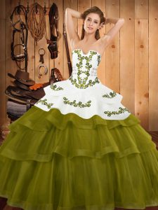 Luxury Olive Green Lace Up Strapless Embroidery and Ruffled Layers Sweet 16 Dress Tulle Sleeveless Sweep Train