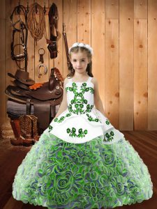 Fabric With Rolling Flowers Straps Sleeveless Lace Up Embroidery and Ruffles Little Girls Pageant Gowns in Multi-color