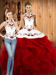 Custom Design Sleeveless Floor Length Embroidery and Ruffles Lace Up Sweet 16 Dress with Wine Red