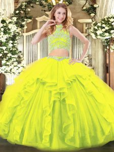 Yellow Green Two Pieces Beading and Ruffles Quinceanera Dresses Backless Tulle Sleeveless Floor Length