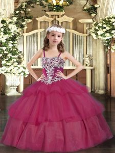 Latest Wine Red Sleeveless Appliques and Ruffled Layers Floor Length Pageant Gowns For Girls
