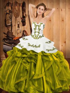 Dynamic Olive Green Ball Gowns Satin and Organza Strapless Sleeveless Embroidery and Ruffles Floor Length Lace Up Vestidos de Quinceanera
