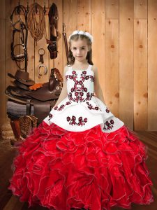 Red Winning Pageant Gowns Sweet 16 and Quinceanera and Wedding Party with Embroidery and Ruffles Straps Sleeveless Lace Up