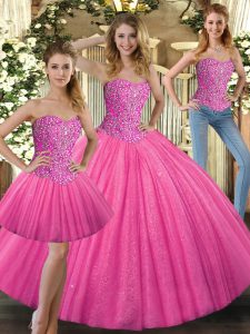 Hot Pink Sweetheart Lace Up Beading 15th Birthday Dress Sleeveless