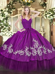 Delicate Taffeta V-neck Sleeveless Backless Beading and Lace and Appliques Quinceanera Gowns in Fuchsia