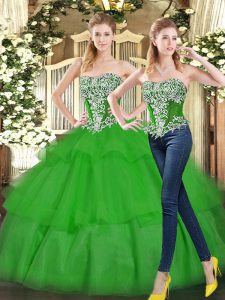 Sleeveless Tulle Floor Length Lace Up Sweet 16 Dresses in Green with Beading and Ruffled Layers