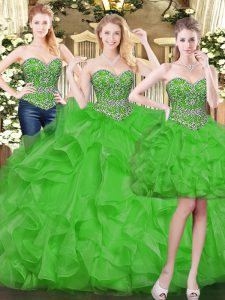 Floor Length Green Quince Ball Gowns Tulle Sleeveless Beading and Ruffles