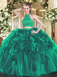 Ball Gowns 15th Birthday Dress Turquoise Halter Top Organza Sleeveless Floor Length Backless