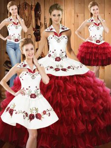 Deluxe Wine Red Sweet 16 Dresses Military Ball and Sweet 16 and Quinceanera with Embroidery and Ruffled Layers Halter Top Sleeveless Lace Up