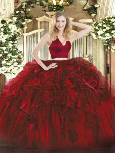 Custom Design Wine Red Zipper Sweet 16 Dress Ruffles Sleeveless Floor Length