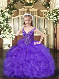 Excellent Lavender Sleeveless Beading and Ruffles Floor Length Girls Pageant Dresses