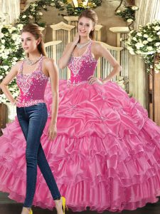 Wonderful Hot Pink Sleeveless Floor Length Beading and Ruffles and Pick Ups Lace Up Quinceanera Gowns