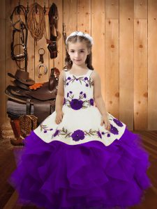 Elegant Floor Length Lace Up Girls Pageant Dresses Purple for Sweet 16 and Quinceanera with Embroidery and Ruffles
