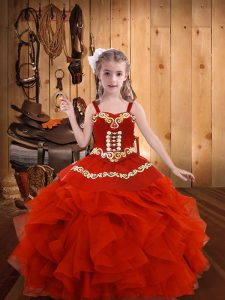 Sweet Straps Sleeveless Evening Gowns Floor Length Embroidery and Ruffles Coral Red Organza