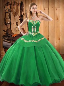 Floor Length Green Ball Gown Prom Dress Satin and Tulle Sleeveless Embroidery