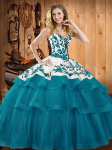 Clearance Teal Vestidos de Quinceanera Military Ball and Sweet 16 and Quinceanera with Embroidery Sweetheart Sleeveless Sweep Train Lace Up